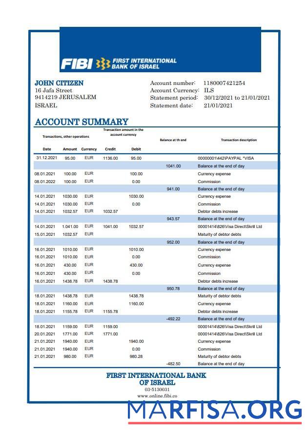 Printable Israel First International Bank of Israel bank statement excel template